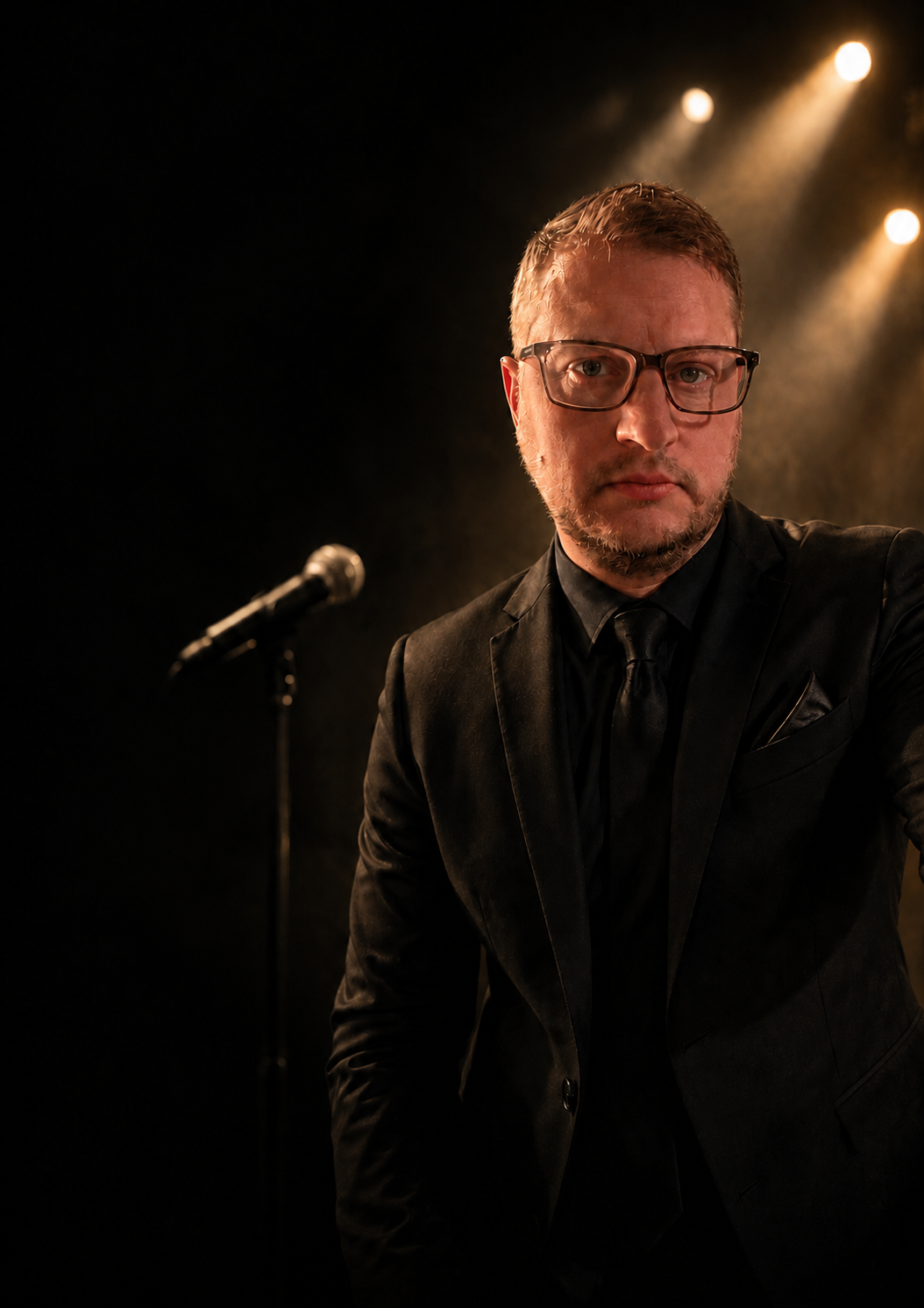 Mark Birch in a black suit and glasses beneath warm gold stage lights